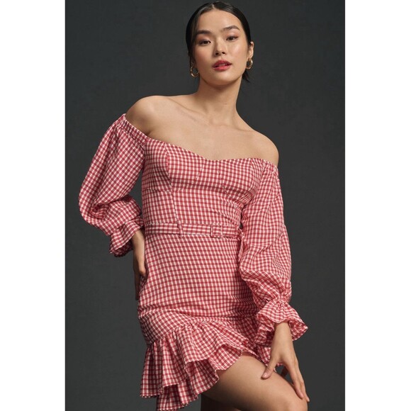 Anthropologie Maeve Mini Dress Red Off The Shoulder Ruffle Sexy Retro Size 6 NWT - Picture 1 of 13